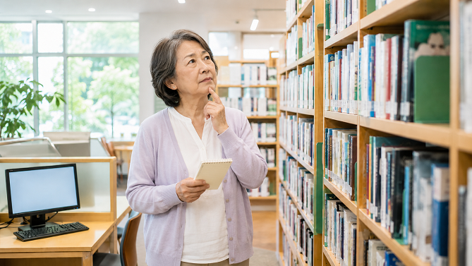 図書館に読みたい本がなく対処法を考えるシニア女性