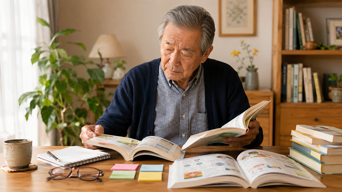同じテーマの本を比較して選ぶシニア男性