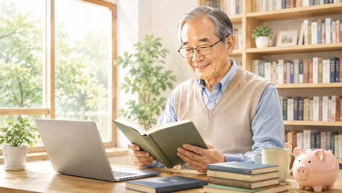 本を安く読むために図書館で本を探すシニア男性